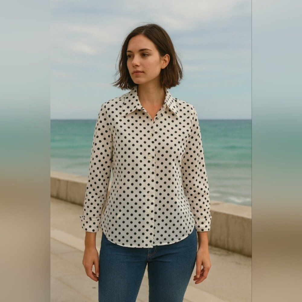 TALBOTS TOP WHITE AND BLACK POLKADOT 3/4 SLEEVE 12W